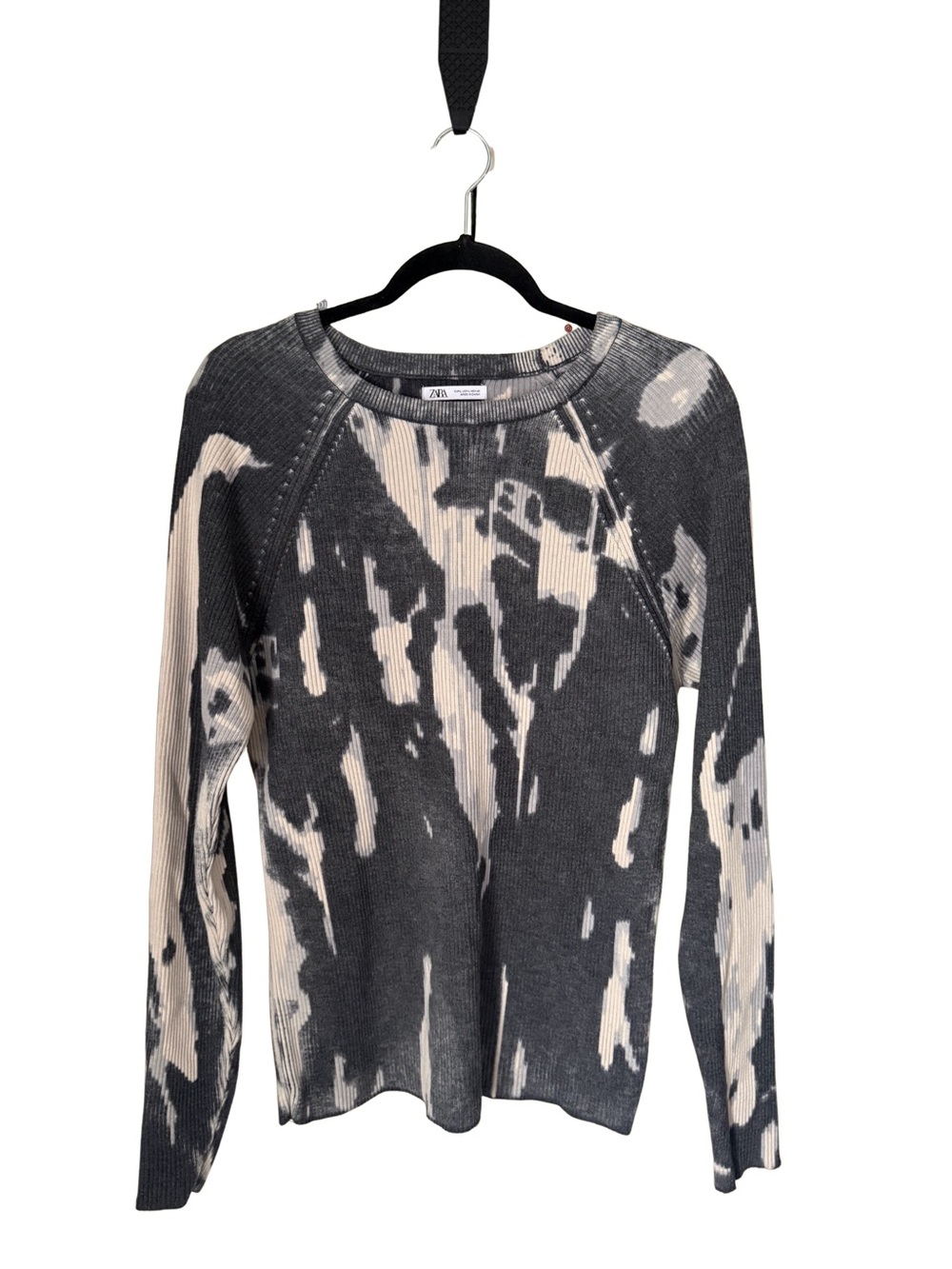 Zara Black & Cream Abstract Tie-Dye Ribbed Long Sleeve Top